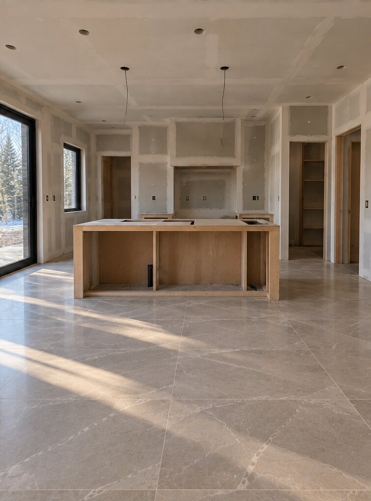 Après : cuisine ouverte avec plancher de céramique grand format effet pierre autour de l'îlot