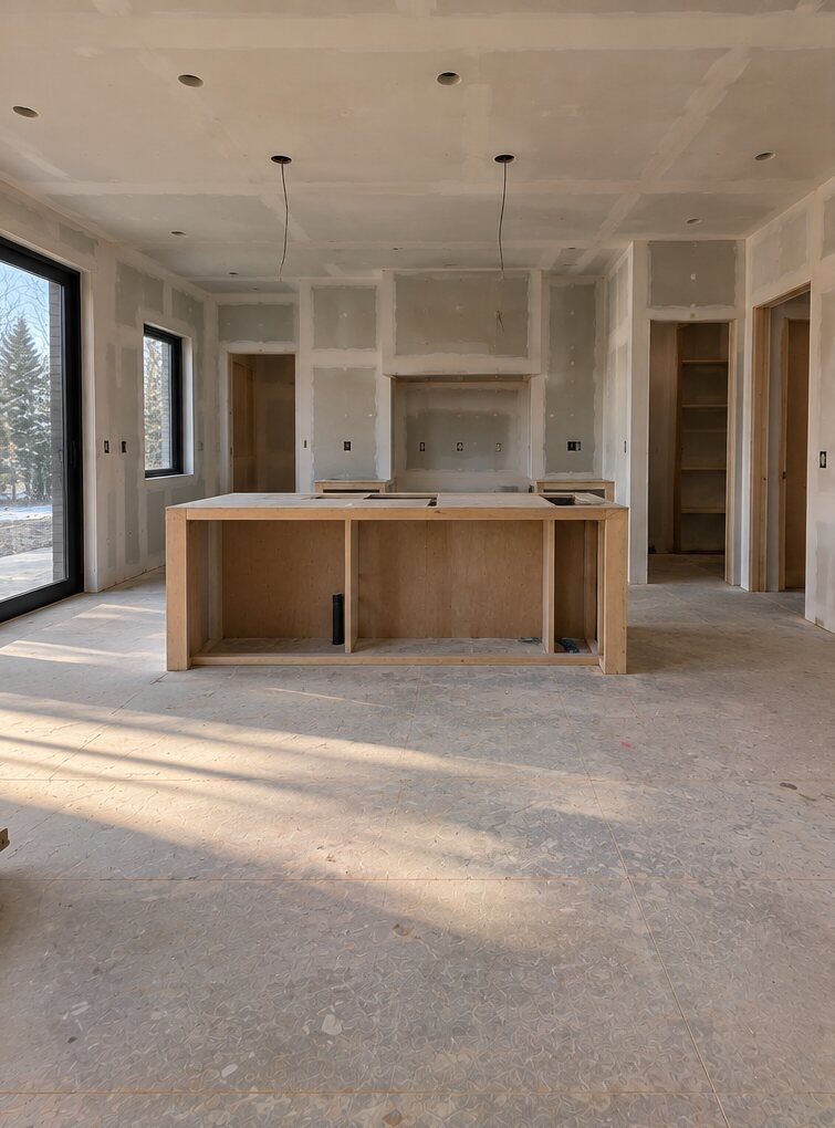 Avant : la même cuisine sur son plancher brut, avant la pose