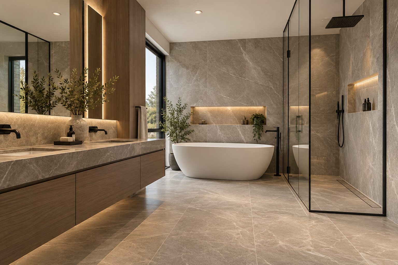 Salle de bain en céramique effet pierre beige, baignoire autoportante et douche vitrée