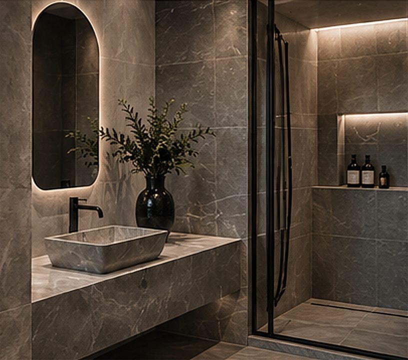 Vasque en pierre, miroir rétroéclairé et douche en céramique
